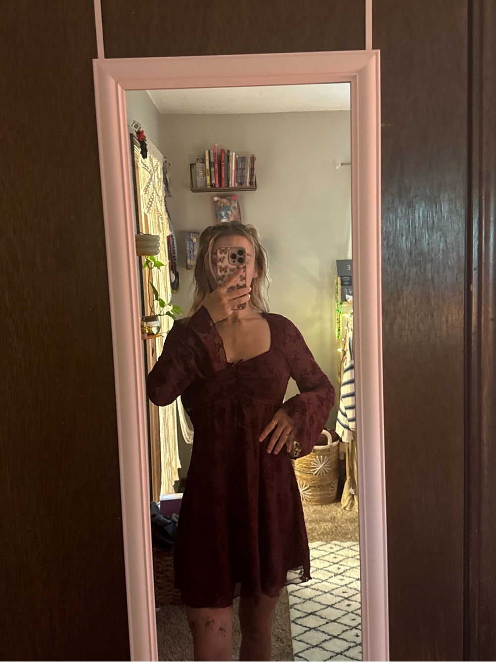 Women's FASHION NOVA Burgundy Lace Long-Sleeve Mini Dress